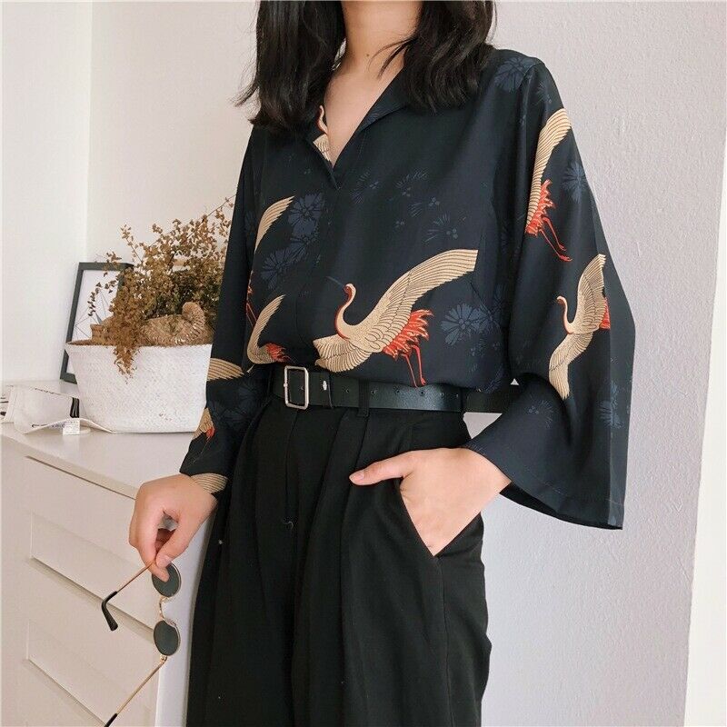 Women Crane Chiffon Shirt Baggy Blouse Japanese Kimono Harajuku Tops Wide Sleeve