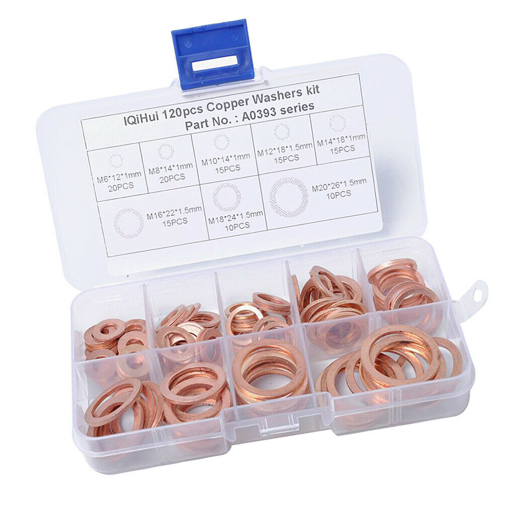 120Pcs 8 Sizes Assorted Solid Copper Crush Washers Seal Flat Ring with Case