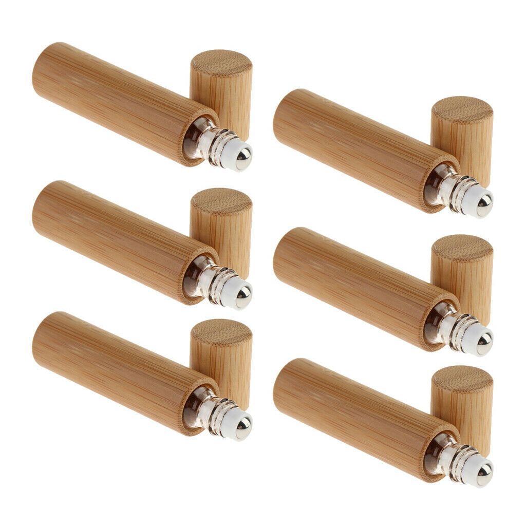6X Mini Bamboo Refillable Empty Essential Oil Makeup Bottles Roller Ball