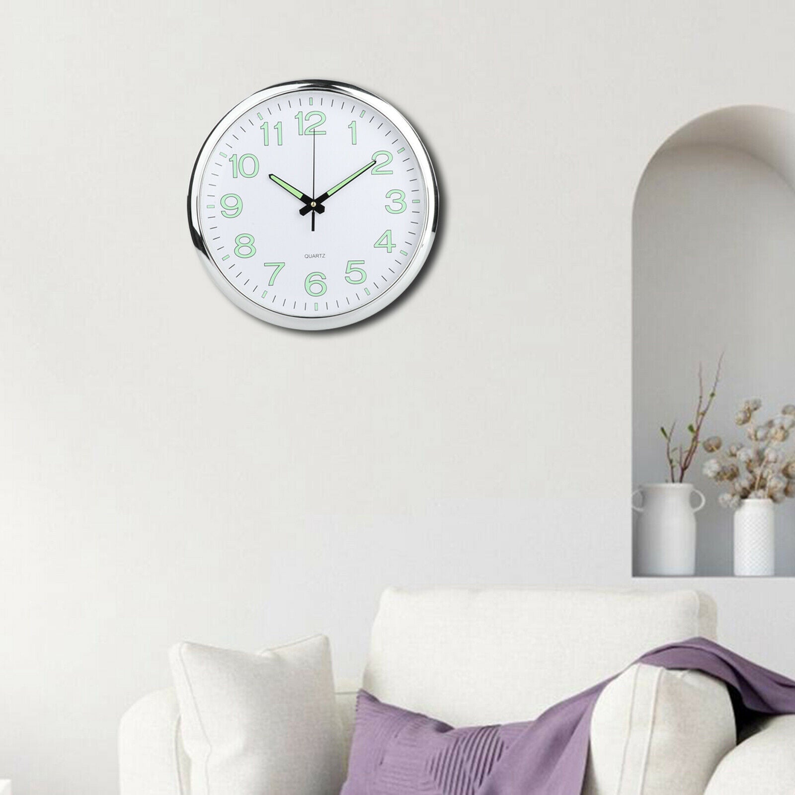 Luminous Wall Clock 12Inch Round Quartz Clocks Battery Operated Hotel Decor