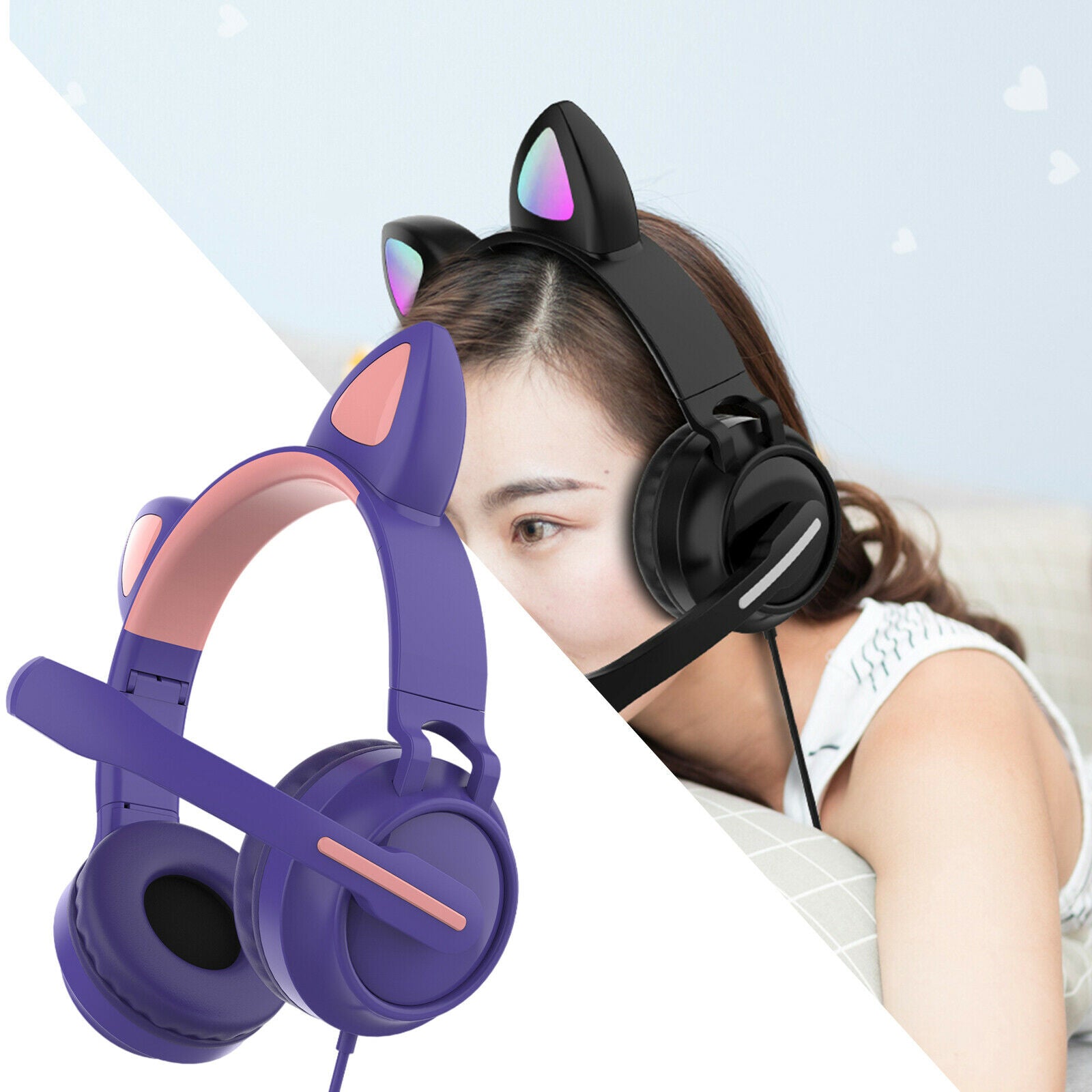 Set of 2 USB Cat Ear Wired Headset Headphones LED Light for PC Games TV