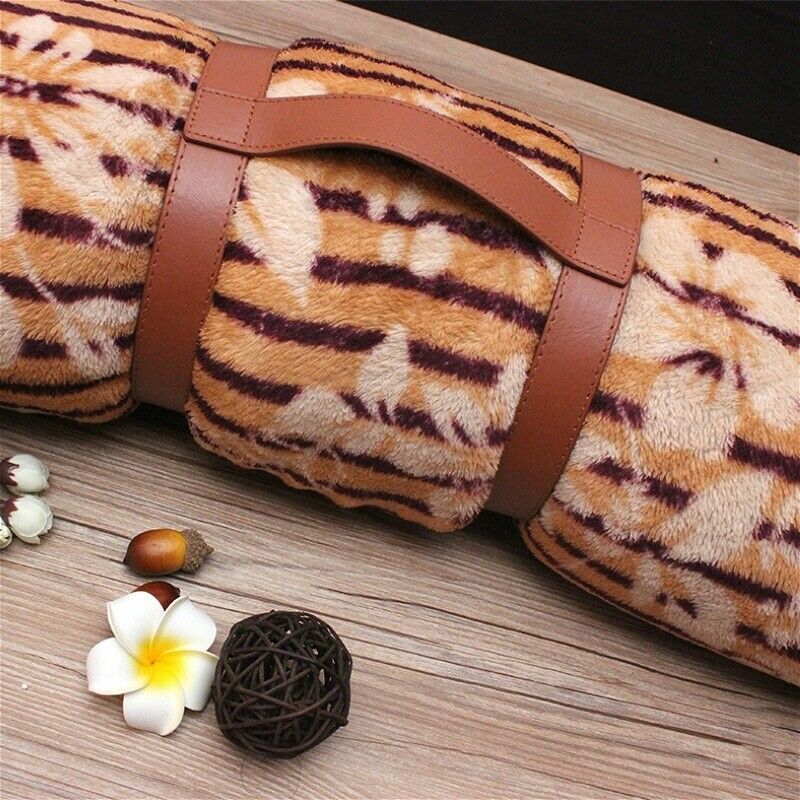 Picnic Blanket Strap Carry Handle PU Leather Retro Travel Rug Roll Up Rope Brown