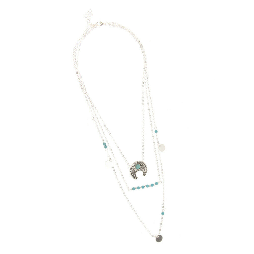 Retro Boho Turquoise Crescent Moon Pendant Multilayer Long Chain Necklace