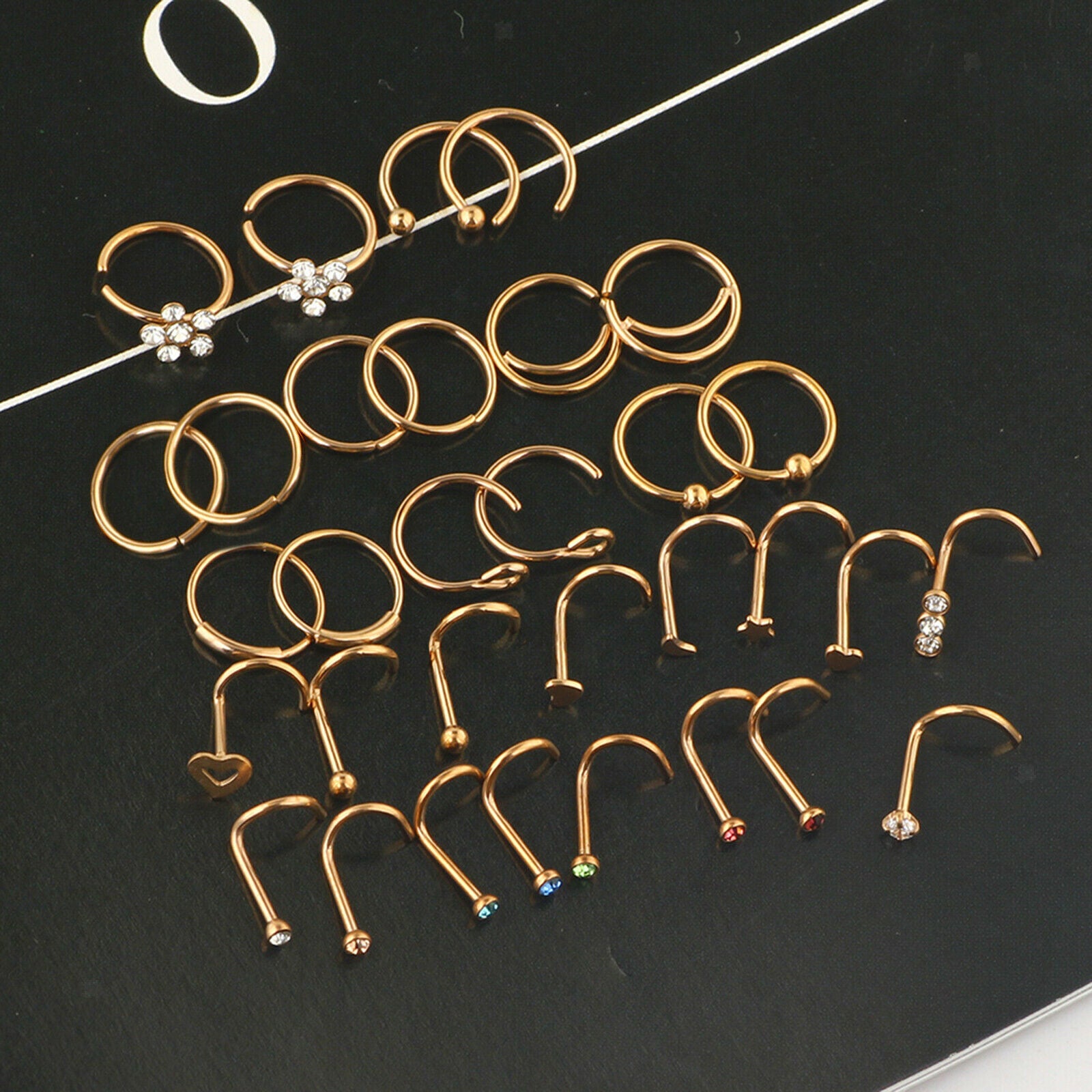 32x Stainless Steel 20G Nose Rings Hoop L-Shaped Studs Piercing Jewelry Set