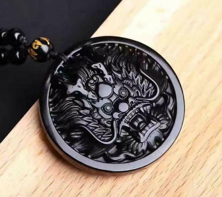 Natural Black Obsidian Hand Carved Lucky Dragon Head Pendants + Beads Necklace