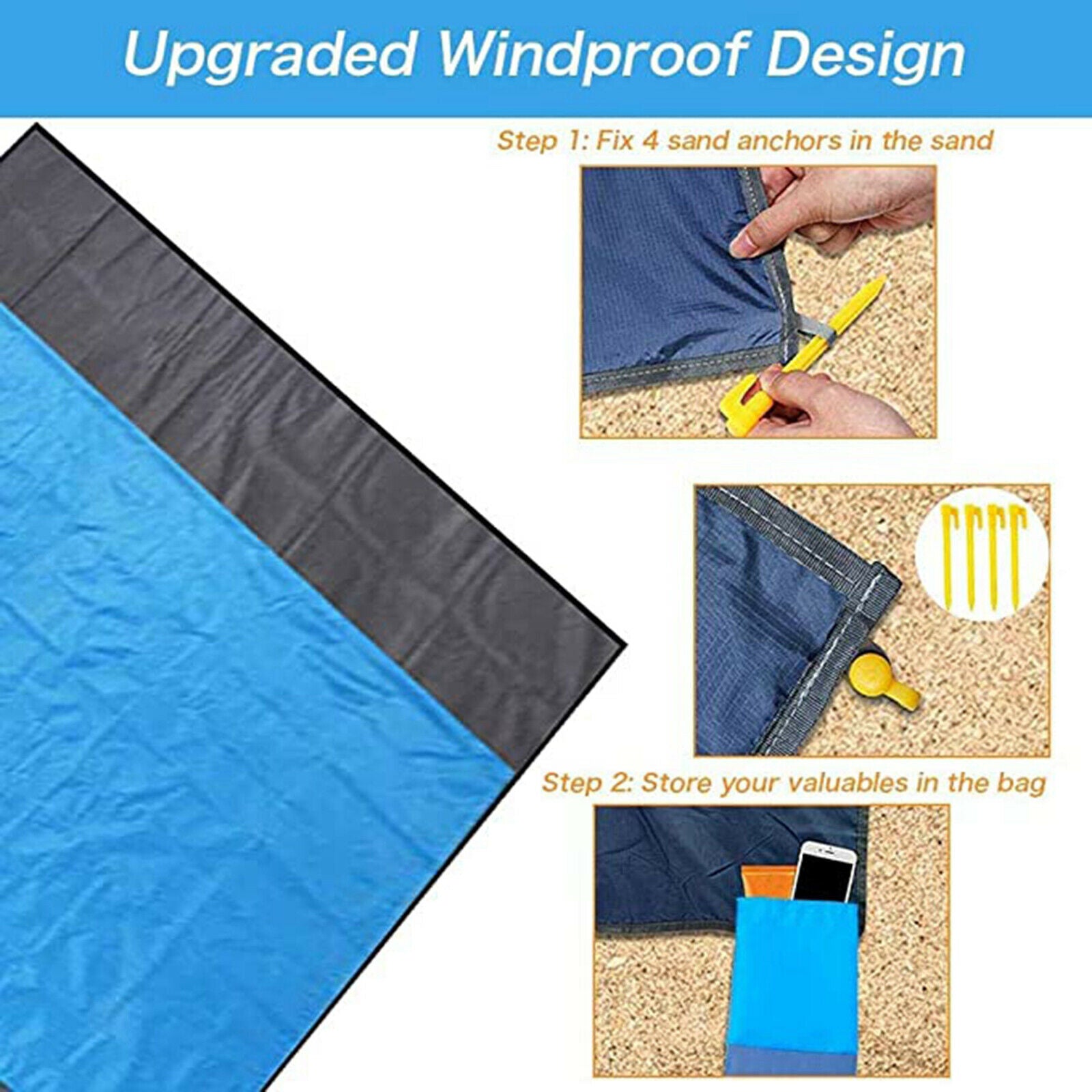 Oversized Beach Blanket Heat Resistant Nylon Mat with Anchor Travel Camping