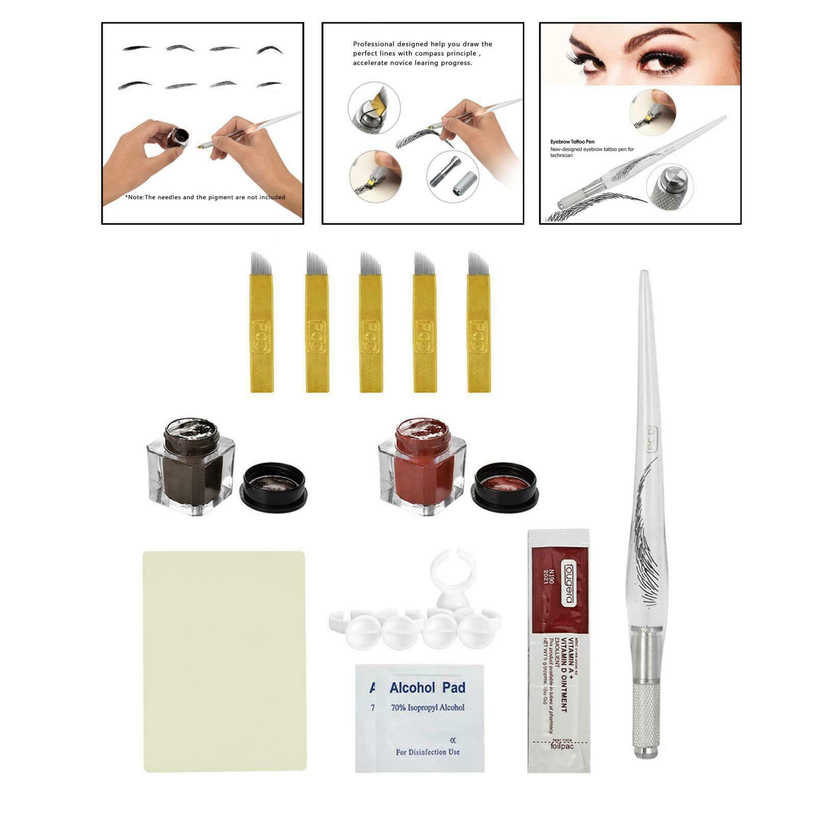Eyebrow Permanent Tattoo Kit Pen Needle Pigment Ink Practise Skin Ring Cup