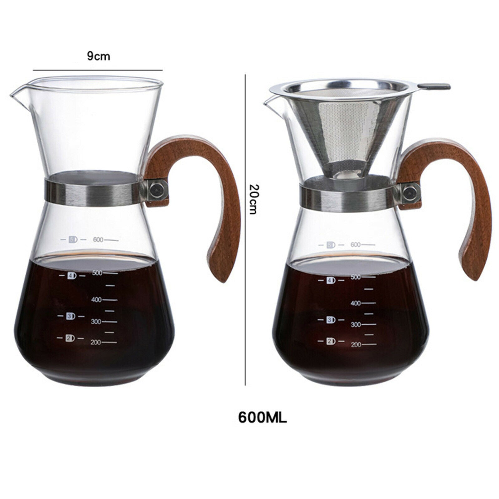 1pc Pour Over Coffee Maker Carafe Reusable w/ Filter Coffee Pot Teapot