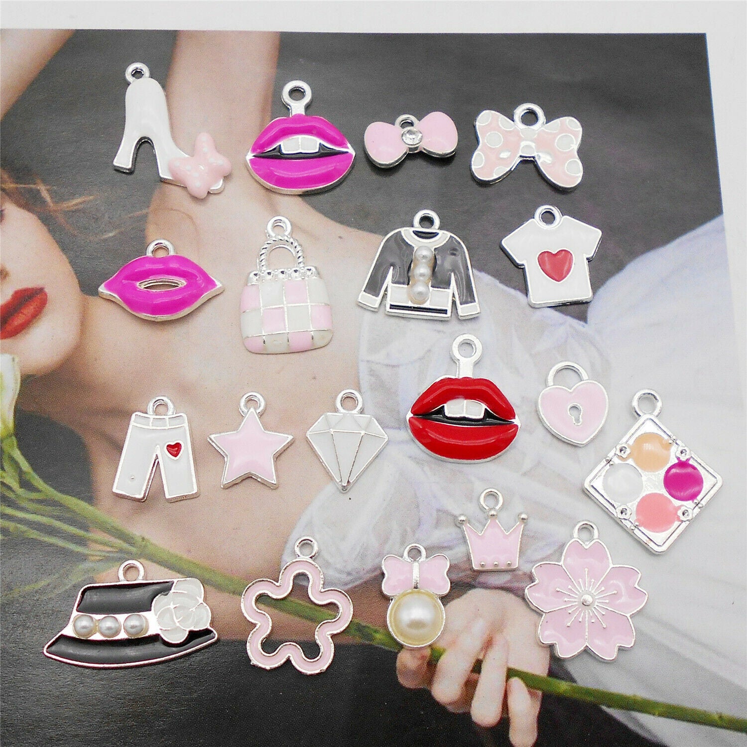 15PCS Enamel Plated Mixed Female Clothes Bag Makeup Charms Pendant DIY Making