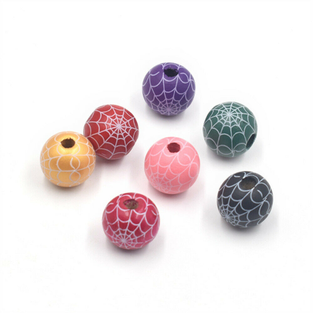 20 Mix Halloween Spider Web Printed Round Beads Wood For Jewelry DIY Crafts 16mm