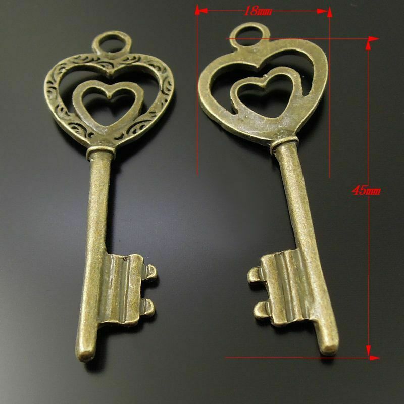 8 pcs Antiqued Bronze Alloy Key Pendant Double Hearts Top Jewelry Charm 45x18mm
