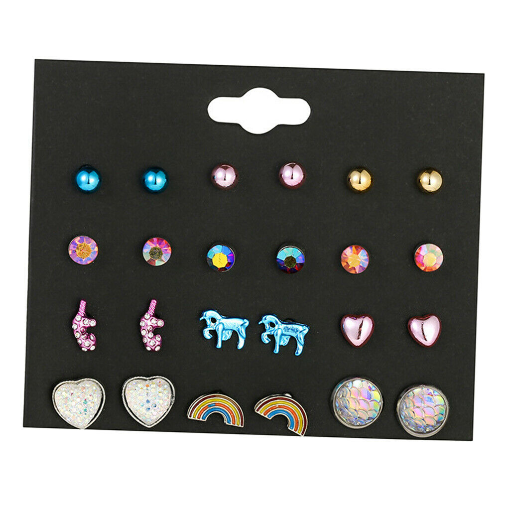12 Pairs Set Girls Cute Animals Heart Rainbow Unicorn Stud Earrings Set