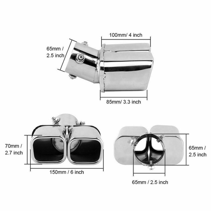 Stainless Steel Chrome Car Dual Exhaust Tip Square Tail Pipe Muffler 63mm/2.5"