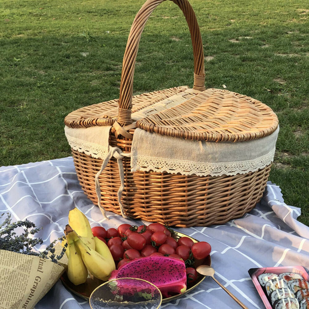 Handmade Large Wicker Basket W/ Handle Double-Lid Willow Woven Storage Hamper