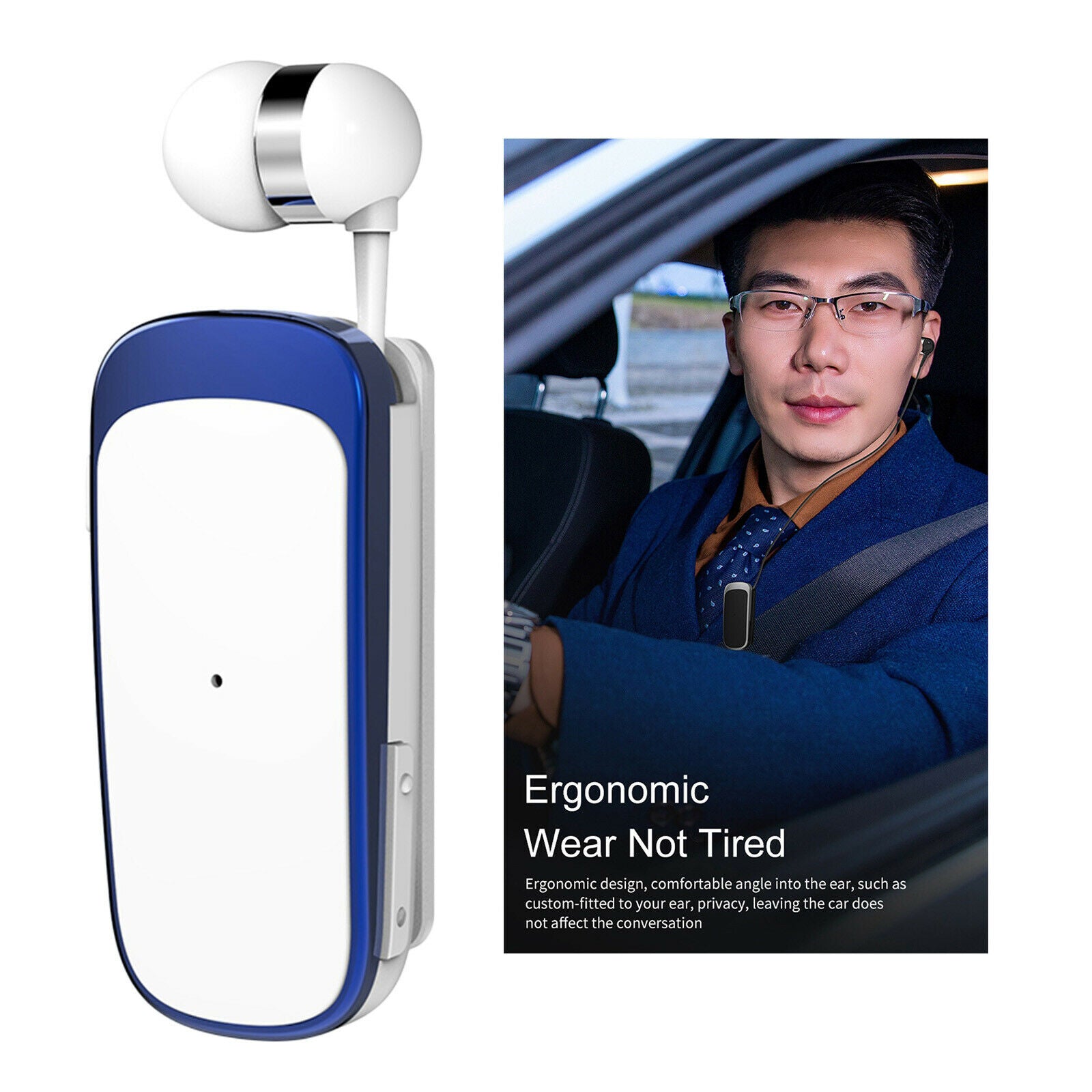 Bluetooth Wireless Headset Clip-on Earphone Handsfree Blue White No Box