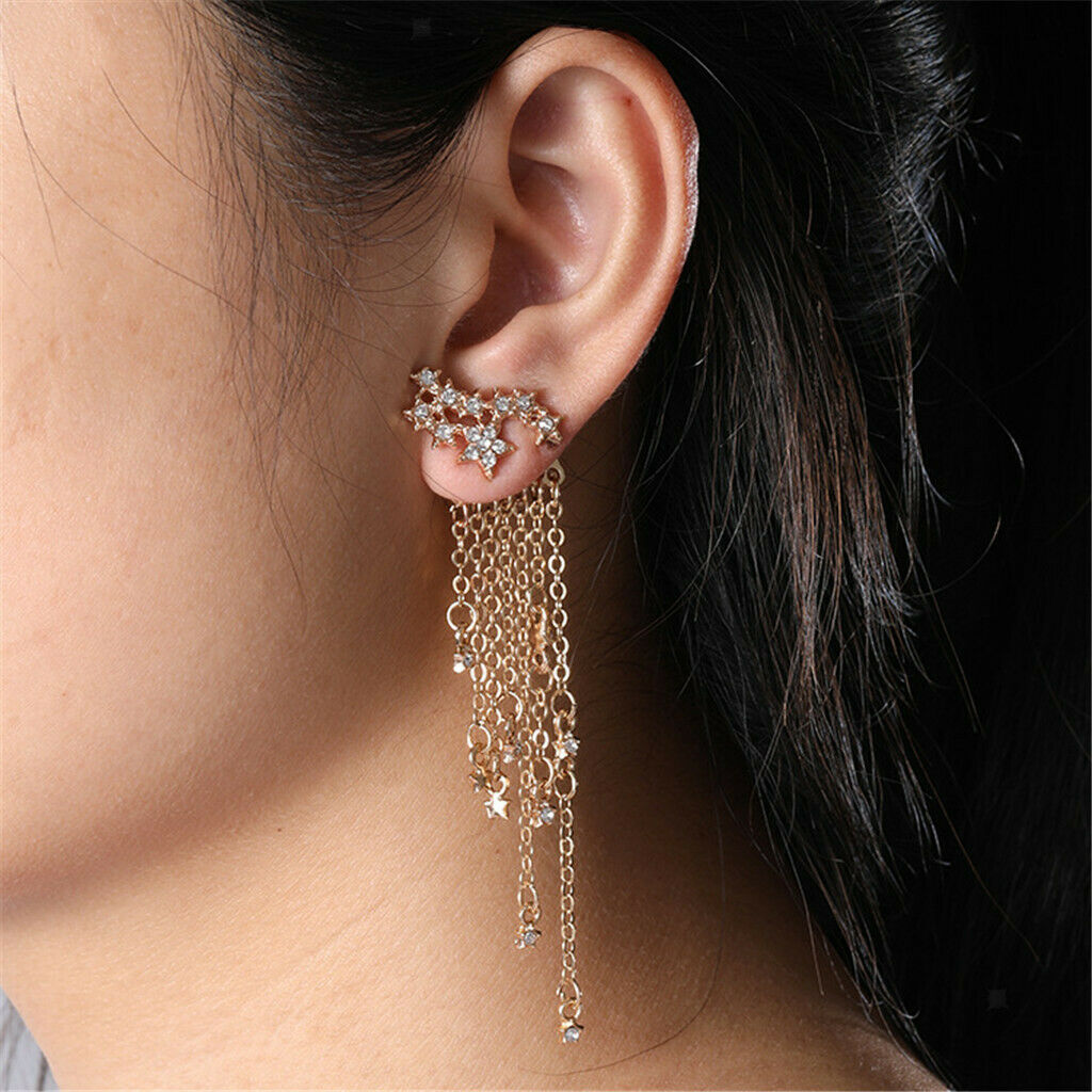 Minimalism Sparkle Star Long Tassels Drop Dangle Earrings Stud Golden