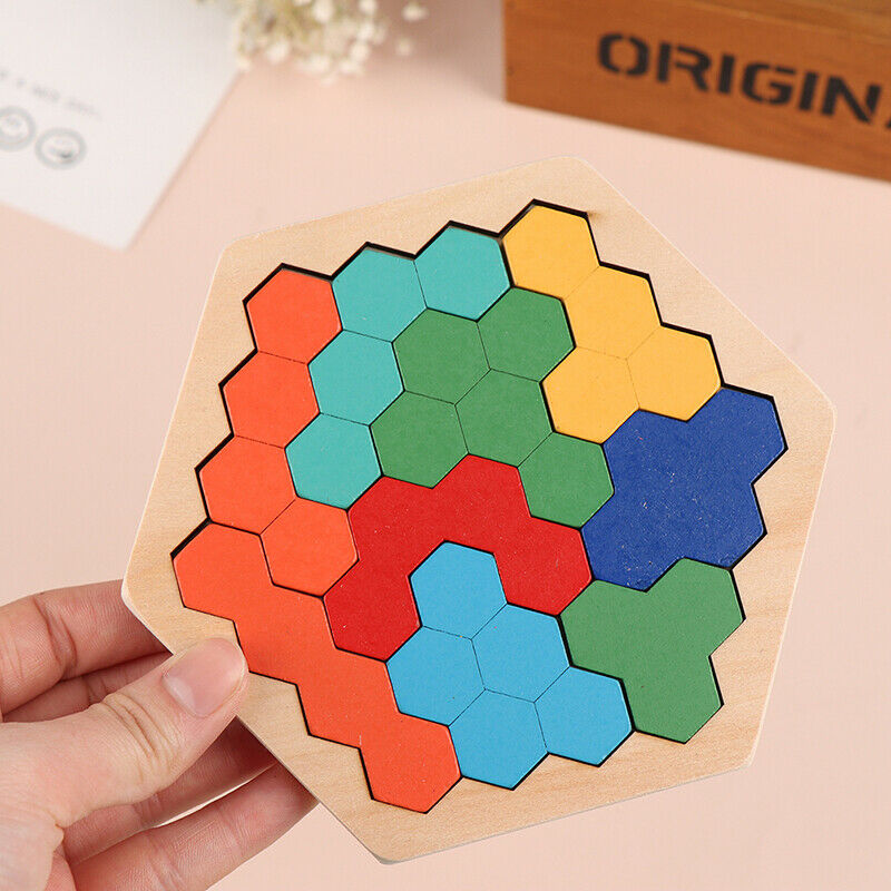 Wooden Hexagon Puzzle For Kid S Shape Pattern Block Tangram Brain Teas.l8