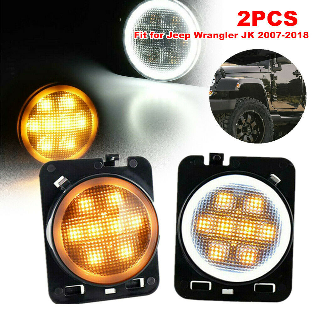 2PCS Front Fender Side Marker LED Lights w/ Angel Eye fit for Jeep Wrangler JK