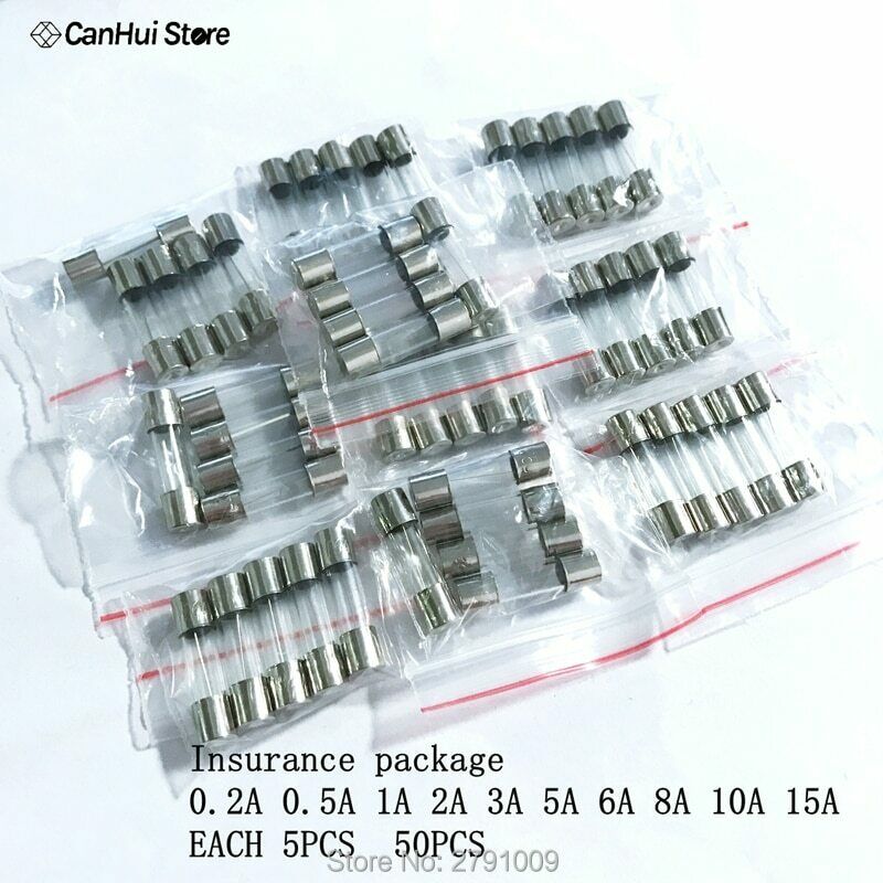 50pcs Fast-Blow Glass Tube Fuses Assorted Kit 0.2A-15A 5x20mm