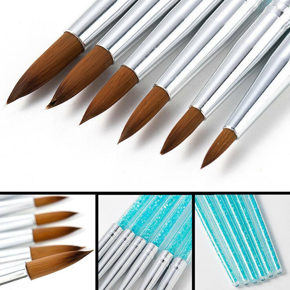 6Pcs Pure 100% Kolinsky Sable Acrylic Nail Brush Crimped Metal Round Handle Kit