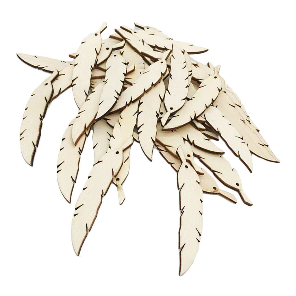 50pcs Unfinished Wood Feather Shape Wooden Pieces Scrapbook Embellishment