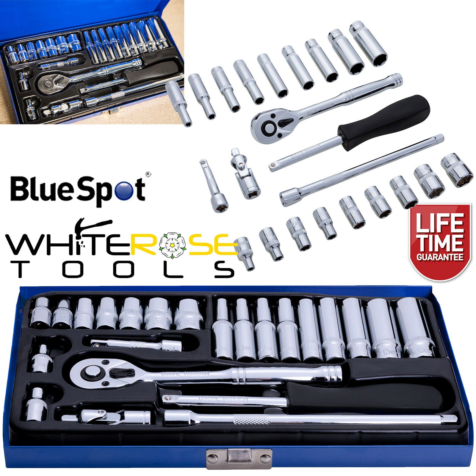 BlueSpot Socket Set Metric 1/4" Drive 24pc 4-13mm Standard Deep Sockets 72 Tooth
