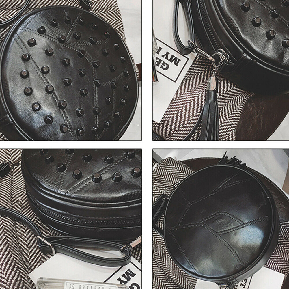 Women Sheepskin Rivet Cute Round Mini Shoulder Bag Crossbody Bag Black @