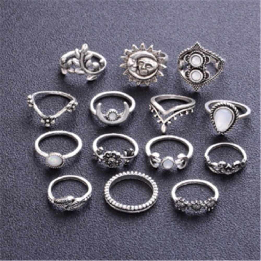 14 PCS/set BOHO Moon & Sun Knuckle Opal Finger Ring Leaf Flower Midi Rings HS67