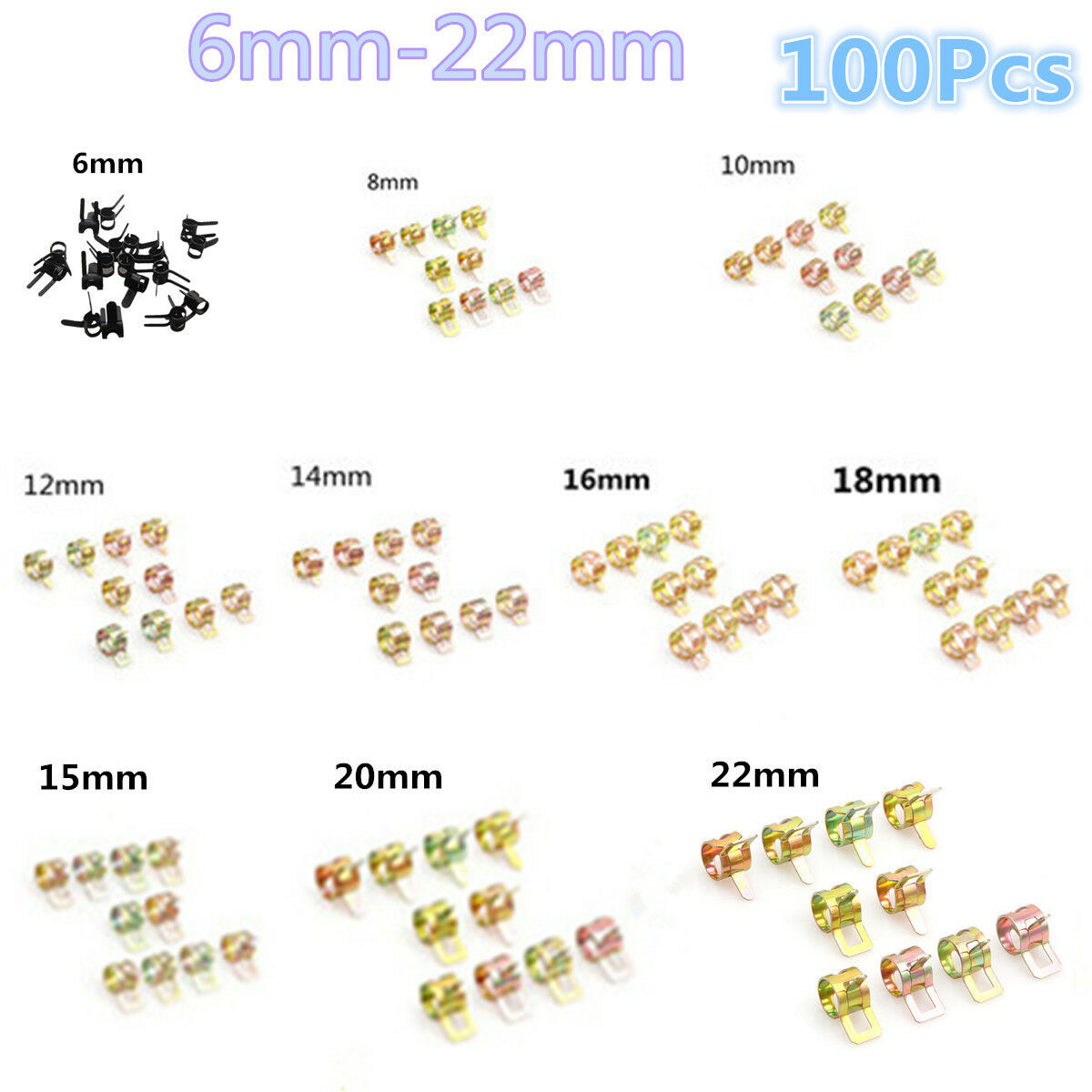 100pcs 6-22mm 10 Sizes Spring Clip Fuel Oil Water Hose Pipe Tube Clamp Fasteners