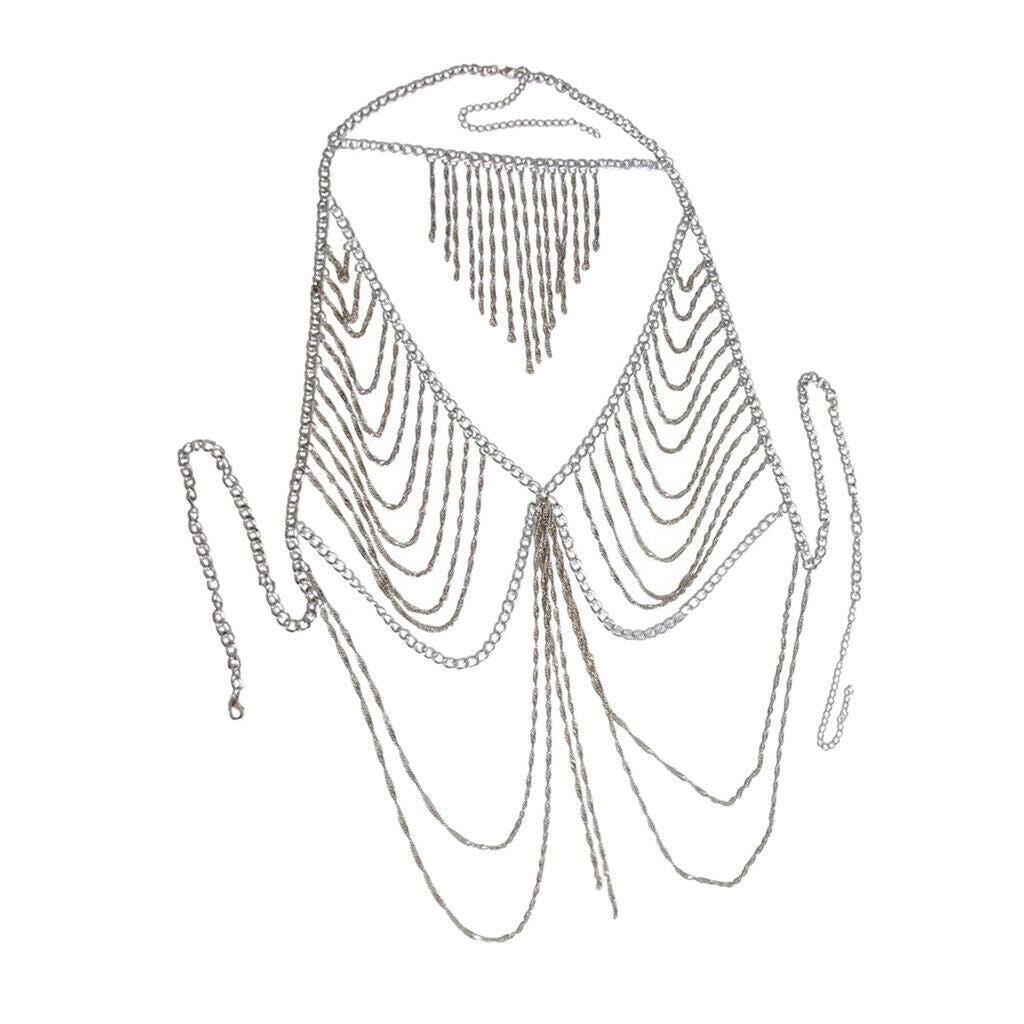 Alloy Body Chest Chains with Tassel Necklace for Womens Girls Bikini Top Bra