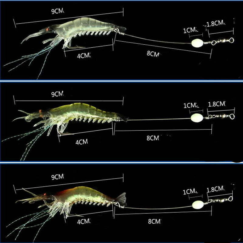 Lot of 5Pcs Soft Lifelike Shrimp Prawn Fishing Lures Luminous Bead Hook Bait