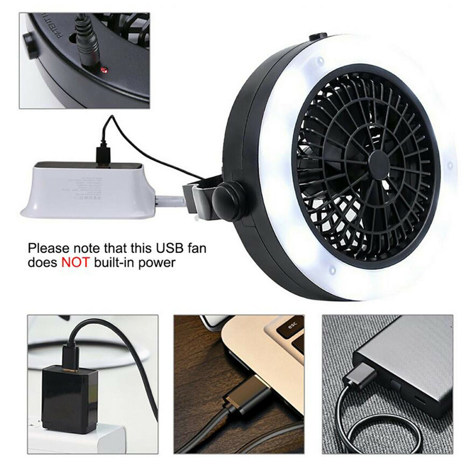 Portable Tent Fan with Light Car Camping Lantern RV USB Handheld LED Lights
