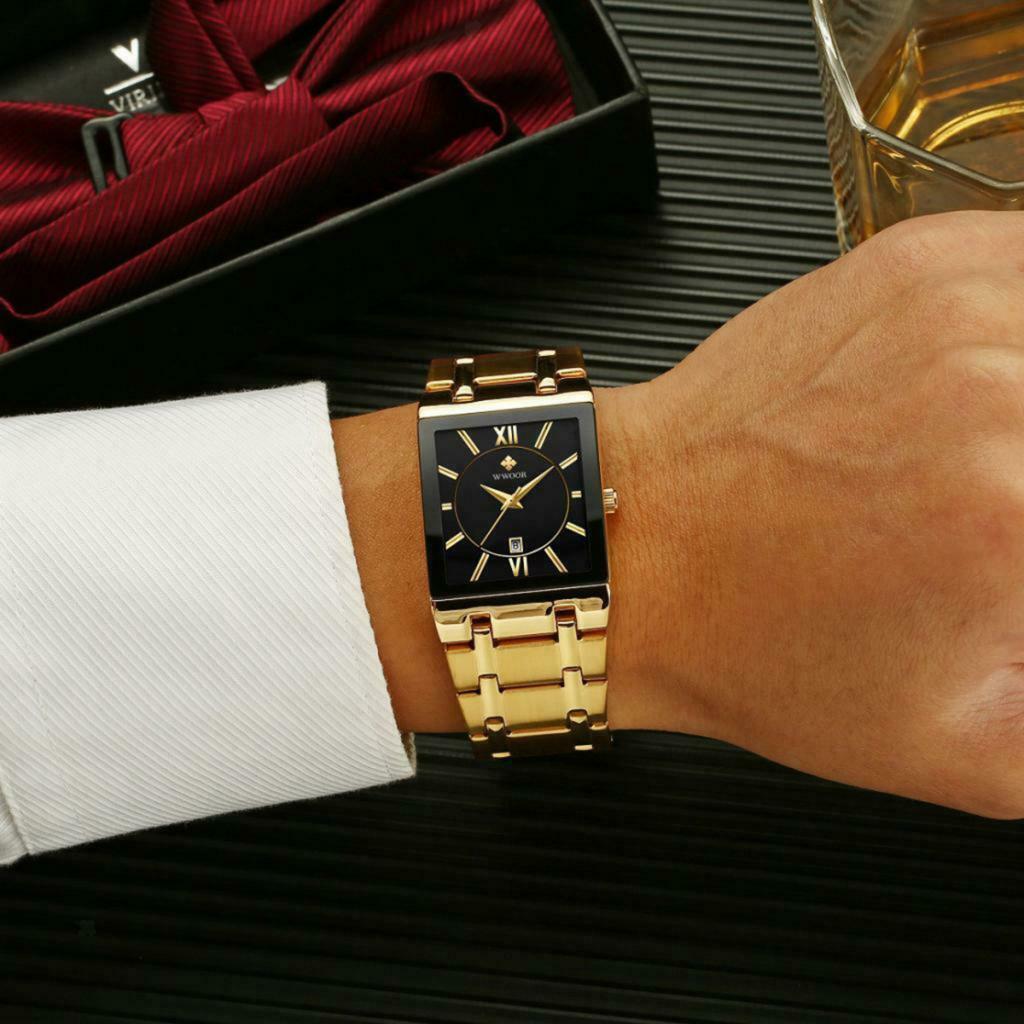 Mens Fashion Watch Rectangular Dial Analog Quartz Wristwatch Golden+Black