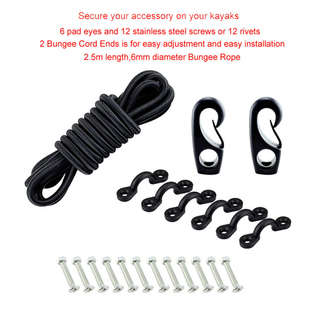 Kayak Bungee Kit Bow & Stern Tie Downs including 2.5m Rope Padeyes and Screws