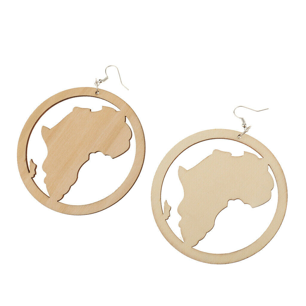 2 Pairs DIY Unfinished Wooden Earrings Africian Map Hollow Loop Earrings