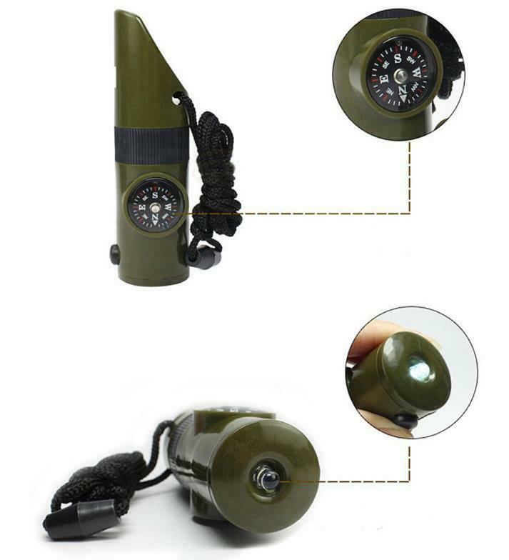 7in1Outdoor Lifesaving Whistle Compass Thermometer LED Flashlight Fire Magnifier