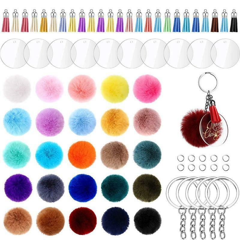 1 Set Acrylic Keychain Blanks with Key Rings Round Clear Discs Circles Tassel