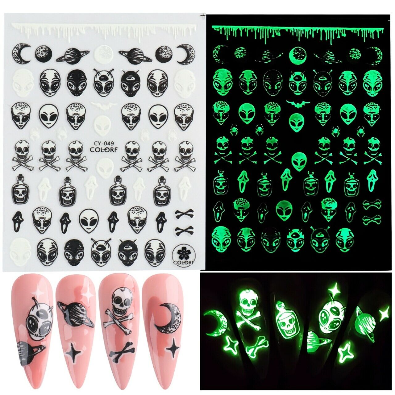 6pc/Set Halloween Luminous Nail Art Stickers Patterns for Women Girls Decoration