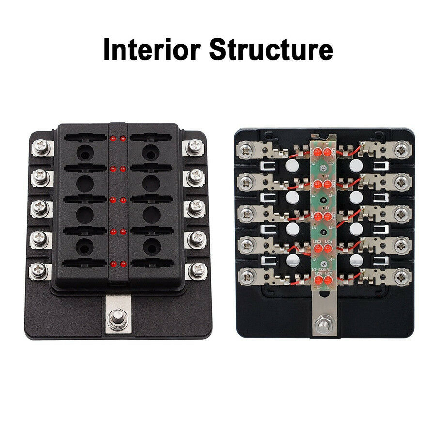 10-Way Blade Fuse Box Block Holder LED Indicator w/ Fuses For Car Truck Marine