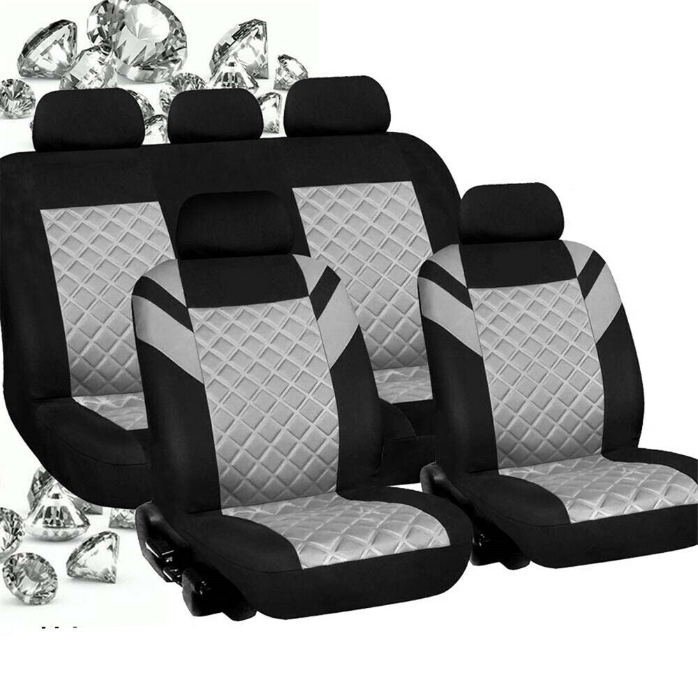 For 5-Seats Car Seat Covers Front & Rear Full Set Diamond Pattern Embossed Grey