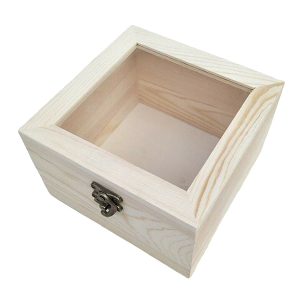 Wood Box Unpainted Hinged Jewelry Display Box Gift Packing Box Glass Lid 5#