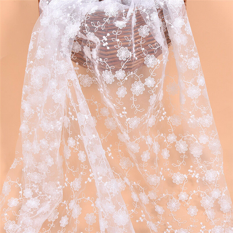 1yd White Flower Embroidered Lace Fabric DIY Dress Skirt Making Accessories