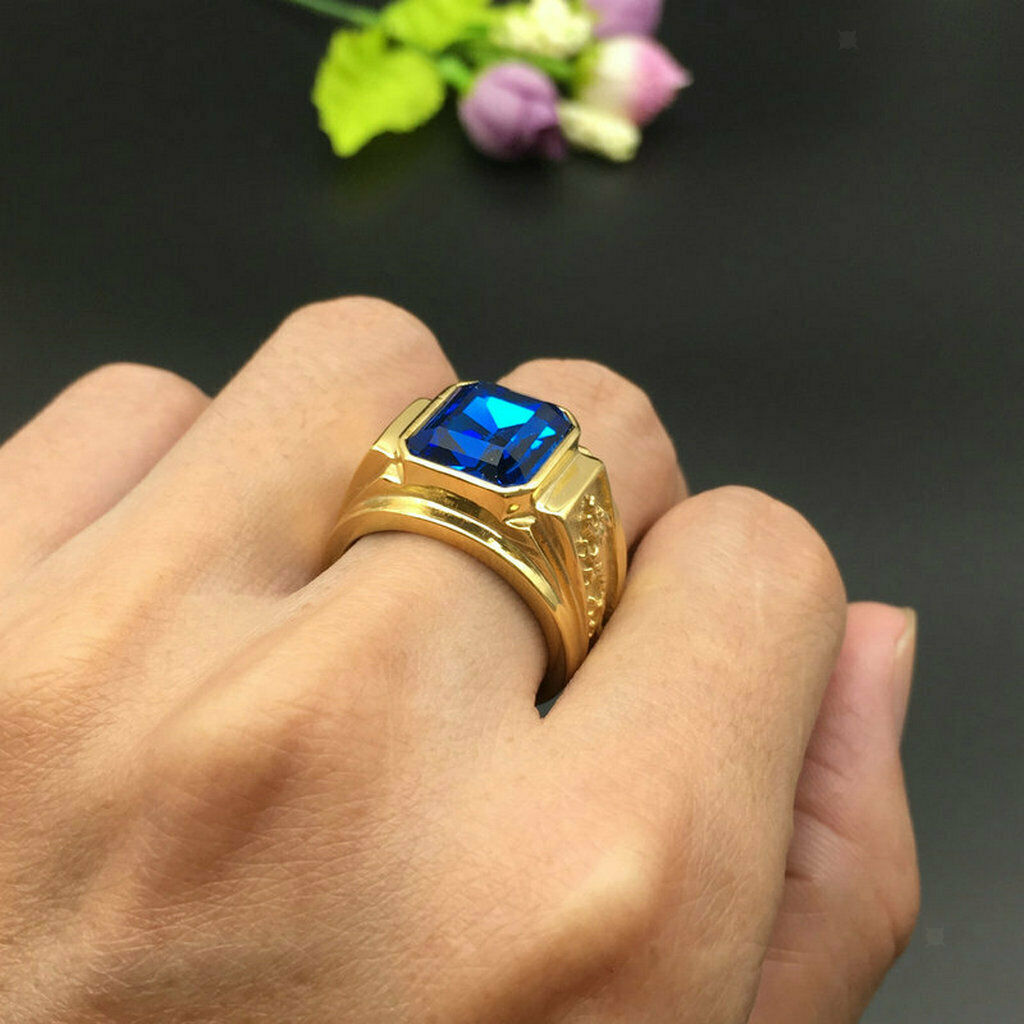 Golden Carved Flying Dragon Stainless Steel Ring with Glitter Blue Gem US9