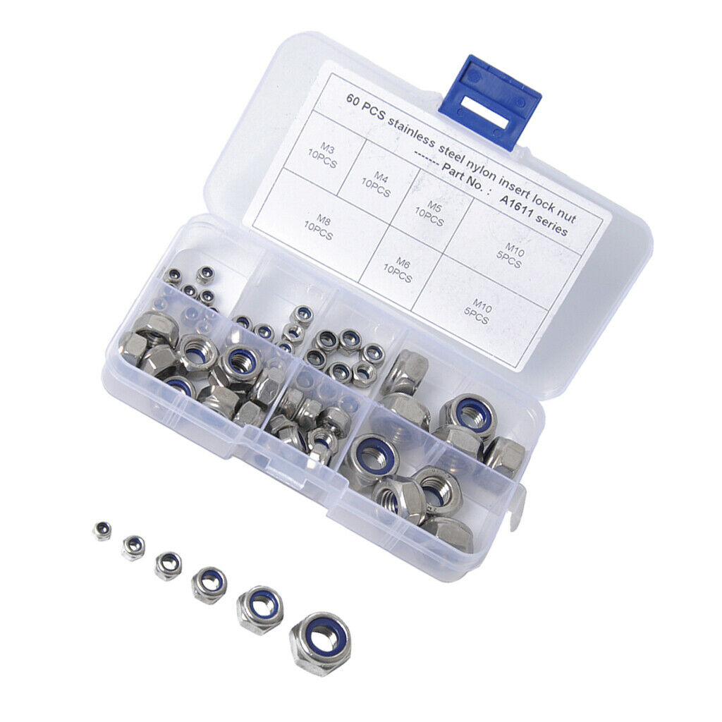 Set Of 60 Stainless Steel M3 M4 M5 M6 M8 M10 Nylock Insert Lock Hex Nuts