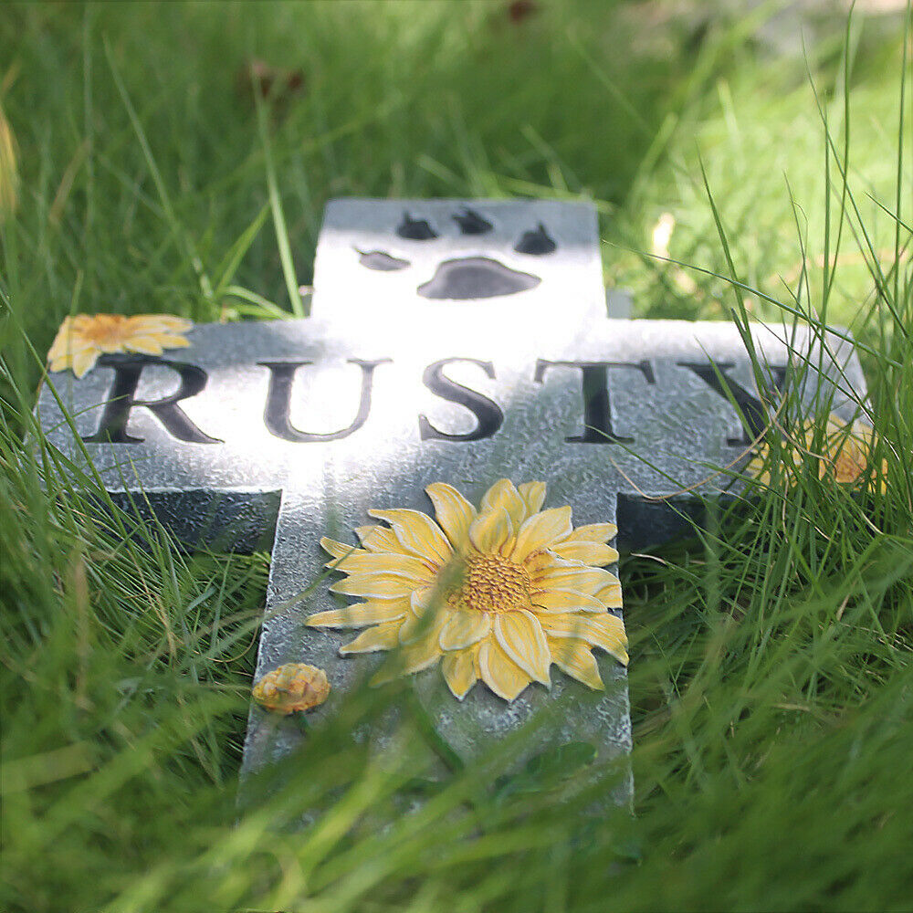 Pet Memorial Stone Cross Ornaments Dog Paw Print Gravestone Tombstone Outdoor