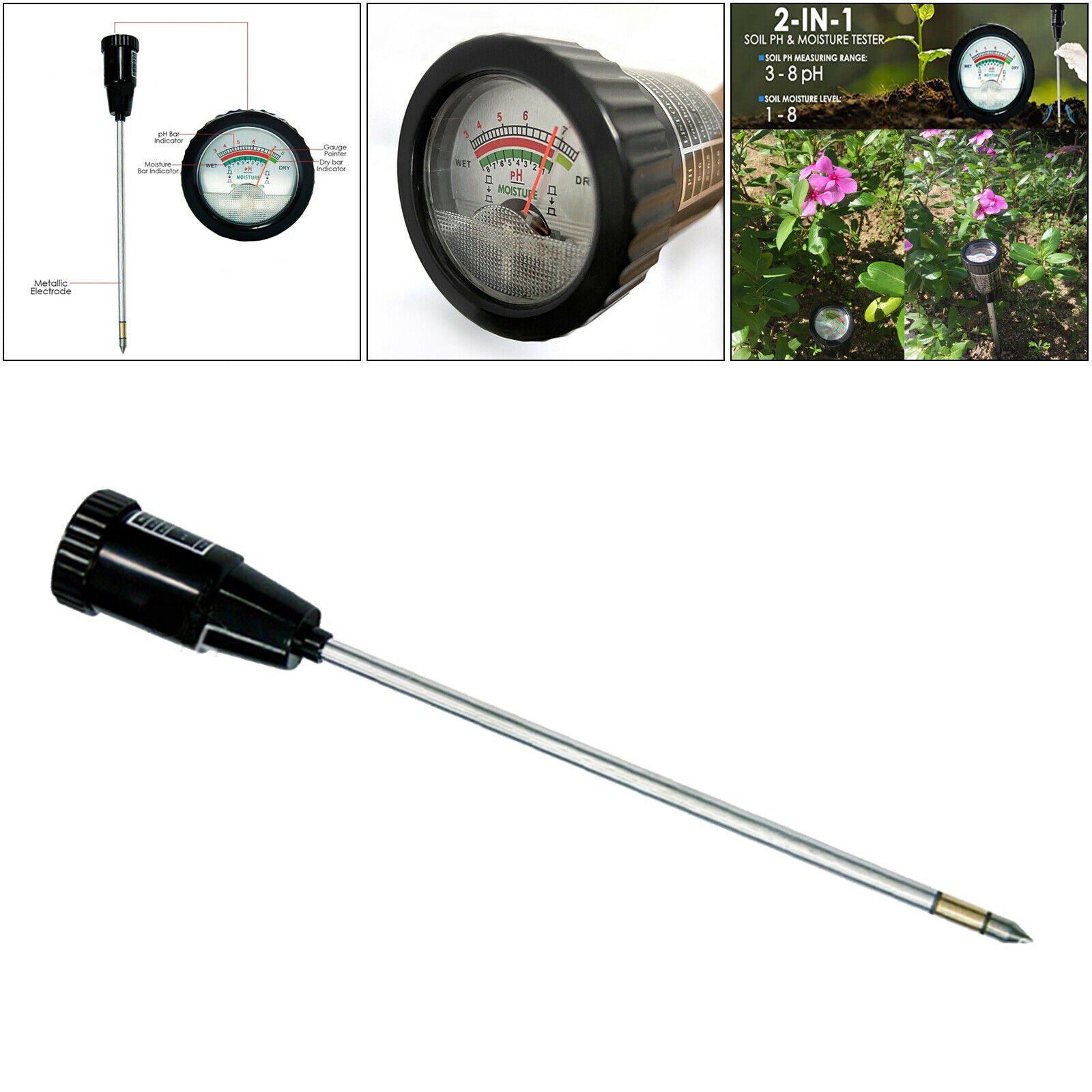Soil PH Tester Analyzer Garden Planter Lawn Moisture Detector Thermometer