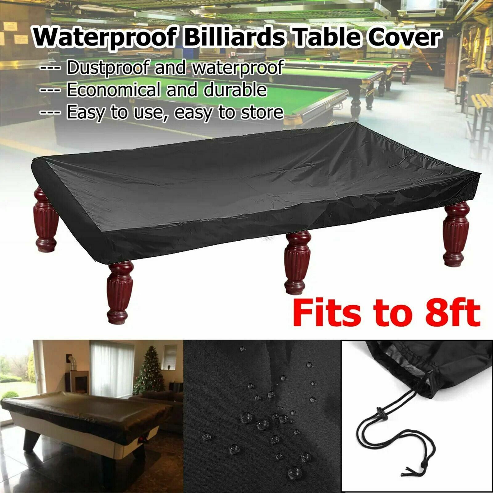 8ft Waterproof Black Pool Snooker Billiard Table Top Dust Cap Cover Protector