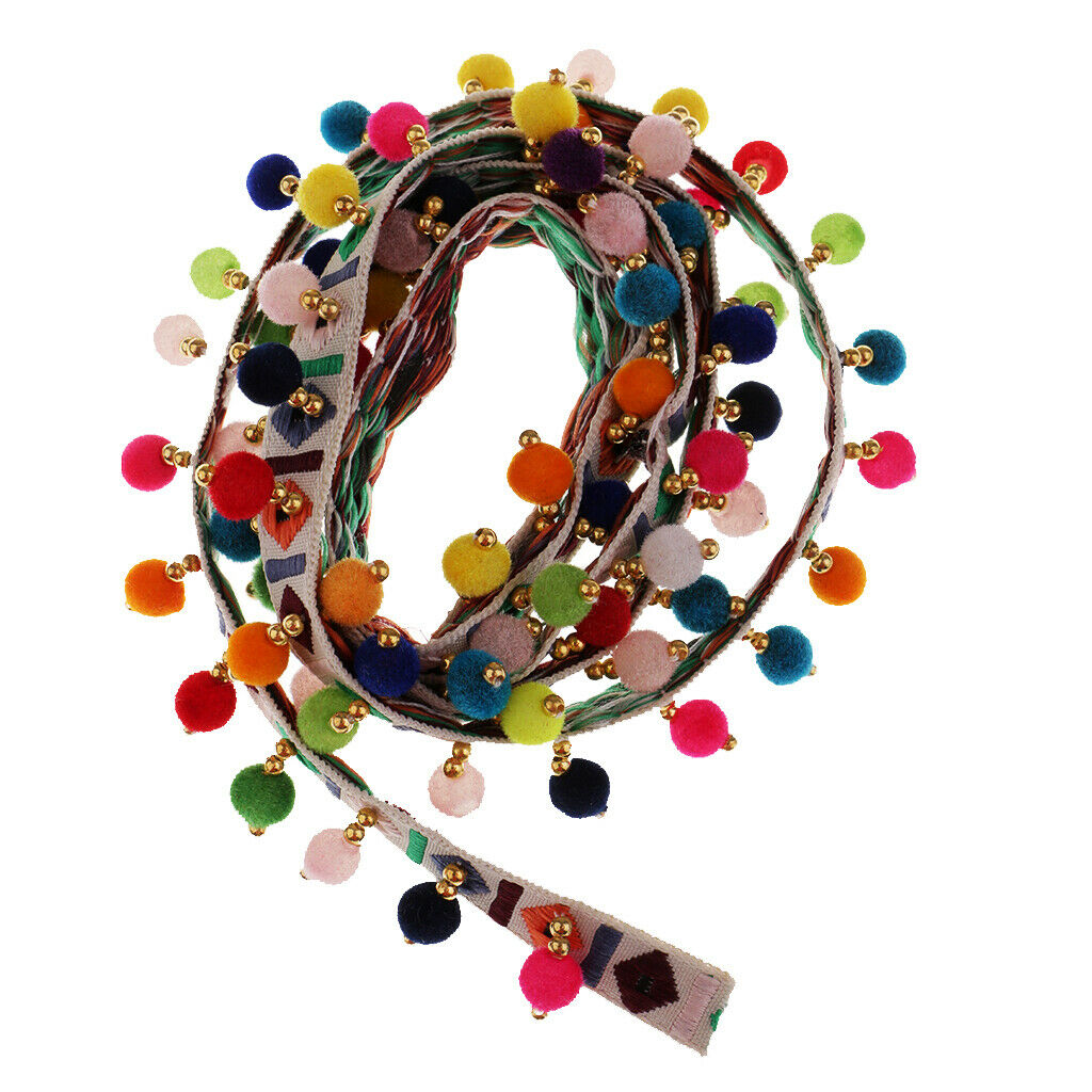 1 Yard Rainbow Ethnic Tassel Ribbon Fringe Trim Pom Pom Bobble Lace White
