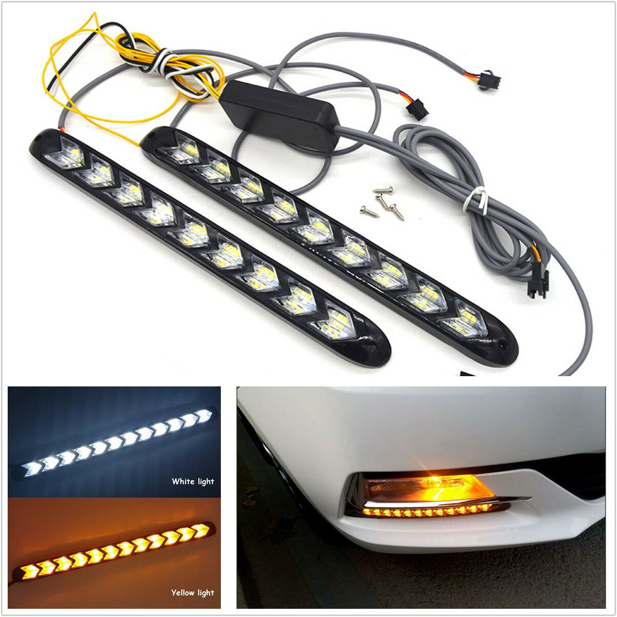 Pair Car White/Amber LED Light Strips Switchback Flowing DRL/Turn Signal Lamp