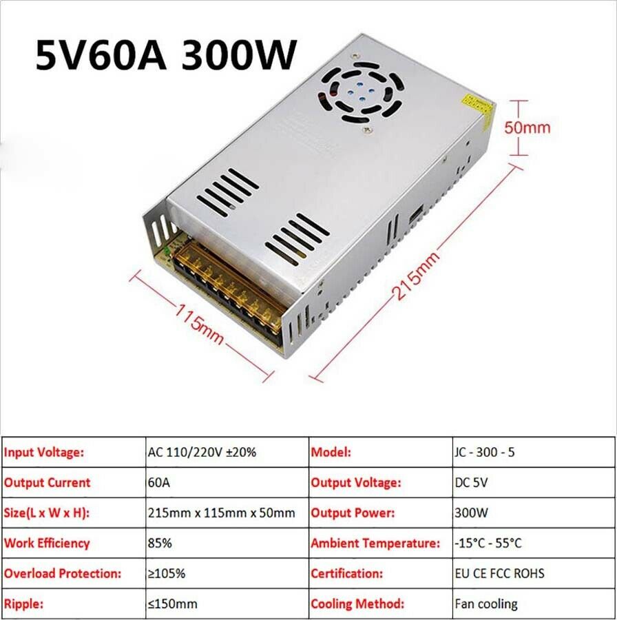 5V 60A 300W Regulated Switching Power Supply Transformer LED PSU DC Built-in Fan